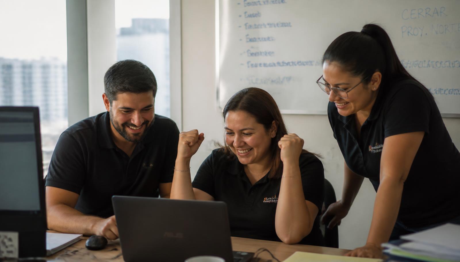 Equipo comercial celebrando un cierre de venta