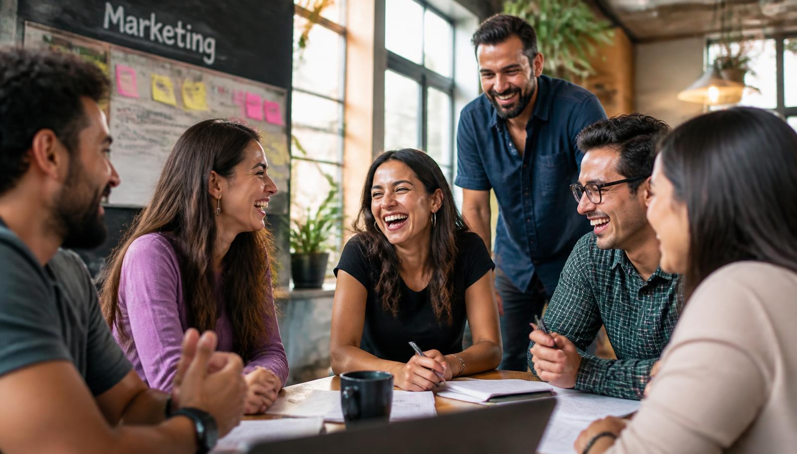 Equipo de marketing trabajando junto y sonriendo